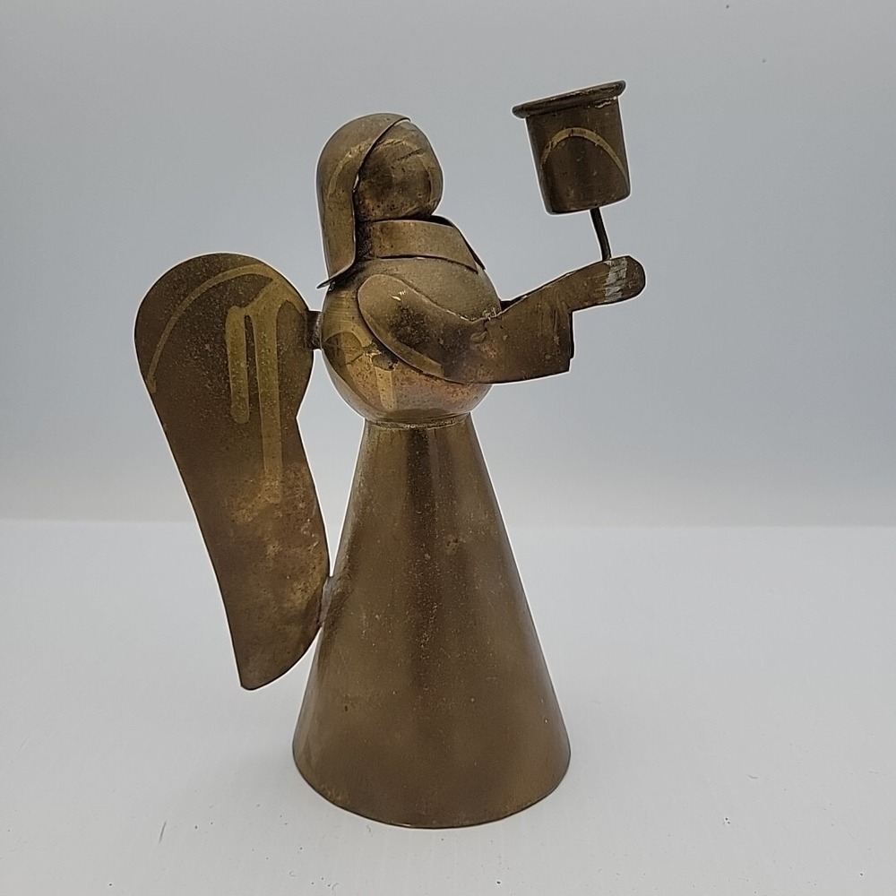 Vintage Hand Made Mexican Brass Copper Folk Art Angel Candle Holder